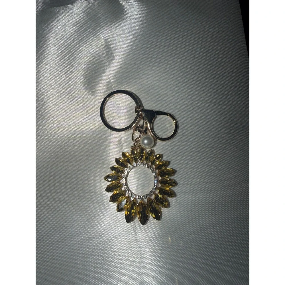 Sunflower Crystal Keychain Yellow Gold Tone Floral Bag Charm with Pearl Accent